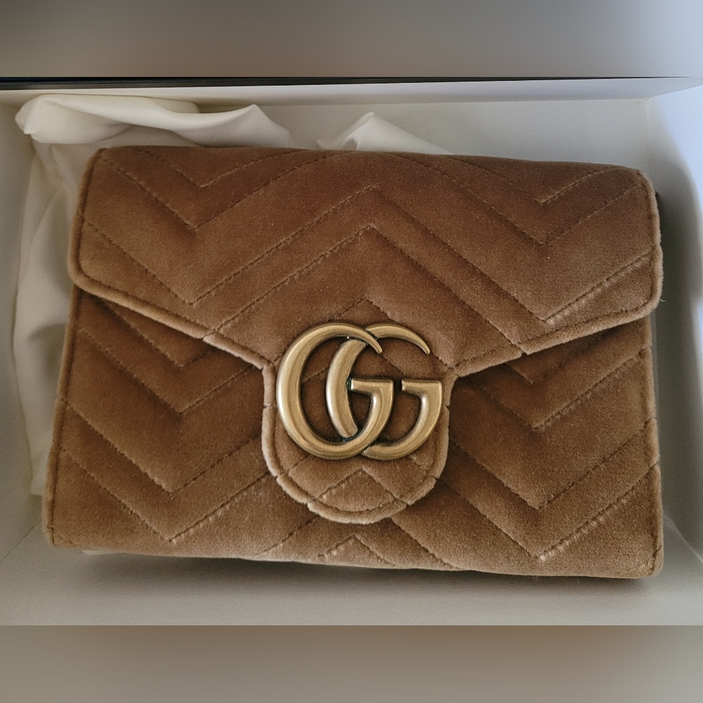 Gucci Velvet Matelasse GG Marmont Chain Bag Taupe